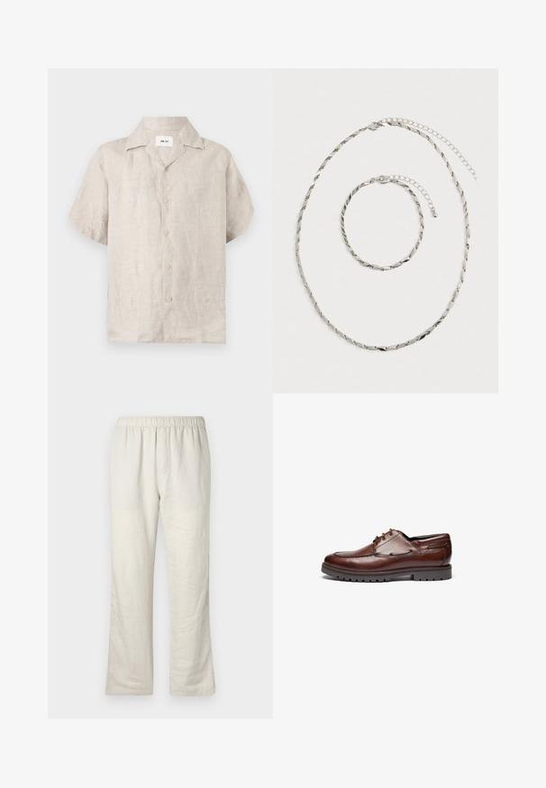 Chemise en lin beige à manches courtes avec col et boutons devant, avec une étiquette blanche visible à l’intérieur du col indiquant « NN.07 ».; Pantalons en lin léger beige avec taille élastique, coupe droite, et sans poches ni fermetures visibles.; Chaussure en cuir marron avec une pointe arrondie, un laçage, un col rembourré et une semelle texturée pour une meilleure adhérence. Coutures accentuées le long des côtés.; Collier en chaîne torsadée argentée et bracelet assorti avec fermoirs ajustables, posés à plat sur un fond blanc.
