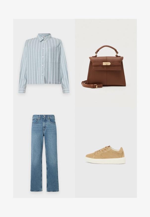 Lyseblå cropped skjorte med hvide lodrette striber, knap-front, krave og en lomme på venstre bryst. Lavet af et blødt, struktureret stof.; Blå højtaljede lige ben denim jeans med forreste knap og lommer på en hvid baggrund.; Sandfarvet ruskindsneakers med hvid gummisål. Rundet tå, klassisk snørelukning og mærkenavn vist i hvidt på siden.; Brun skuldertaske i læder med et struktureret design, top håndtag, aftagelig rem og en frontklap med en guldfarvet spænde.