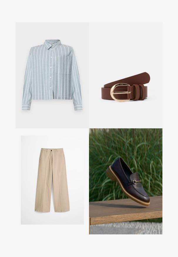 Lichtblauw, cropped shirt met witte verticale strepen, een knoopsluiting aan de voorkant, kraag en een borstzak aan de linkerkant. Gemaakt van een zachte, gestructureerde stof.; Beige wijde pijpen broek met een voorvouw, riemlussen, knoopsluiting en een klein stoffen label aan de rechterkant van de tailleband.; Donkerbruine leren loafer met houten zool en gouden metalen detail, hangend boven een houten bank met groene grasachtergrond.; Bruine leren riem met een glanzende gouden gesp en twee leren lussen. Gladde textuur, plat ontwerp en afgeronde uiteinden.
