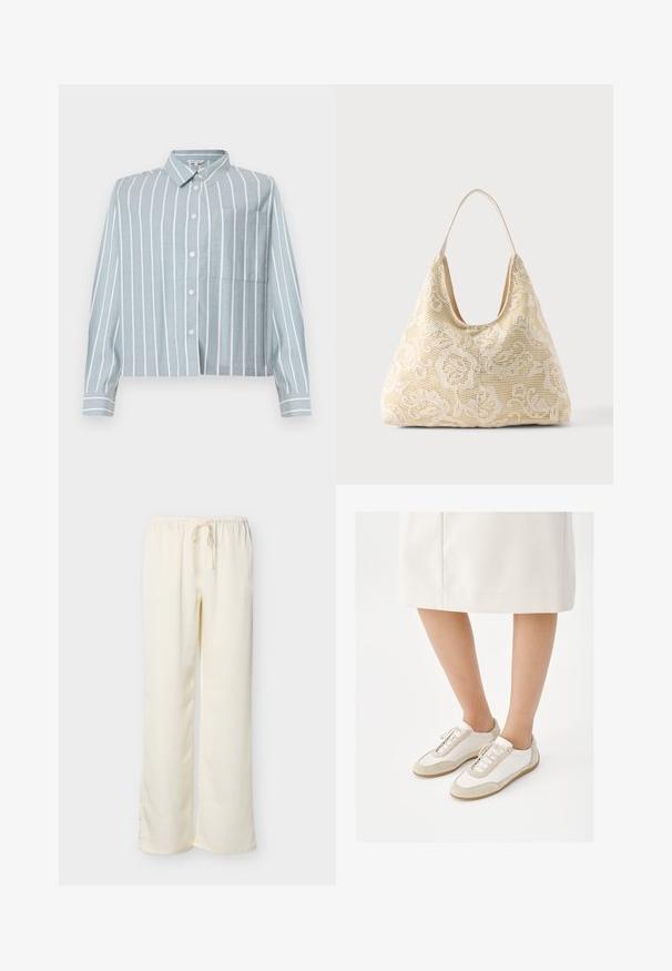 Lichtblauw, cropped shirt met witte verticale strepen, een knoopsluiting aan de voorkant, kraag en een borstzak aan de linkerkant. Gemaakt van een zachte, gestructureerde stof.; Roomse, crèmekleurige broek met elastische tailleband en trekkoord, plat neergelegd op een lichte achtergrond.; Persoon die witte sneakers met beige suède accenten draagt en een witte rok tot op de knie, staande tegen een witte achtergrond.; Crèmekleurige stoffen draagtas met wit bloemig gehaakt patroon en een enkele dunne schouderband op een effen achtergrond.