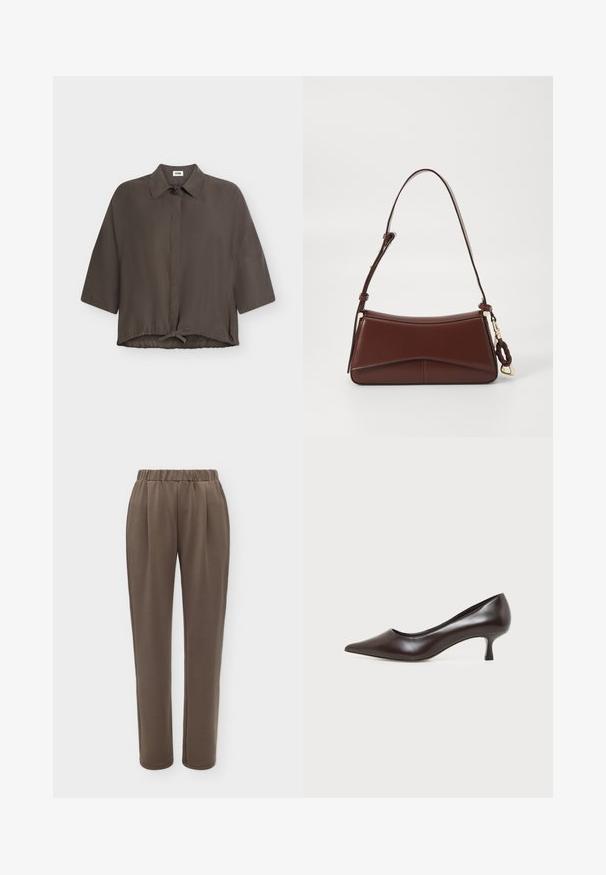 Chemise gris foncé à coupe ample, manches courtes, boutonnée devant, col et cordon de serrage à l’ourlet, présentée sur fond blanc.; Pantalon marron droit avec une taille élastique et de subtils plis à l'avant.; Escarpin en cuir marron foncé à bout pointu avec petit talon incurvé sur fond blanc.; Sac à main en cuir marron avec une silhouette incurvée, une seule sangle et des garnitures en or. Il présente un accent tressé et une texture lisse et mate.