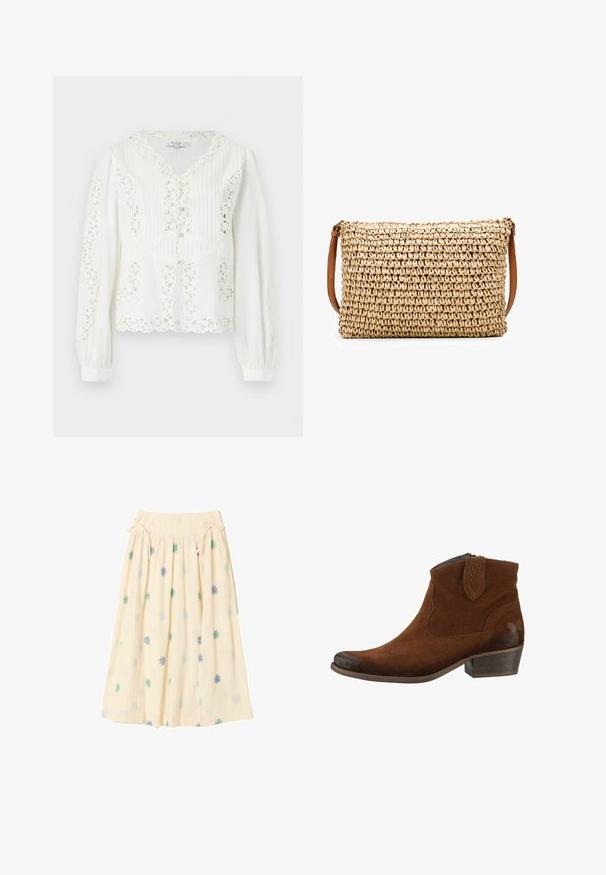 Blusa blanca de manga larga con recortes de encaje floral, bordes festoneados, pliegues verticales con costura y cierre de botones en la parte frontal.; Falda midi color crema con cintura fruncida, lazos laterales y bordado floral disperso en azul y verde.; Felmini STIEFELETTE - Botines camperos - brown; Bolso de paja trenzada tipo bandolera con una correa de cuero marrón; forma rectangular; superficie texturizada; color natural con un patrón de tejido ajustado.