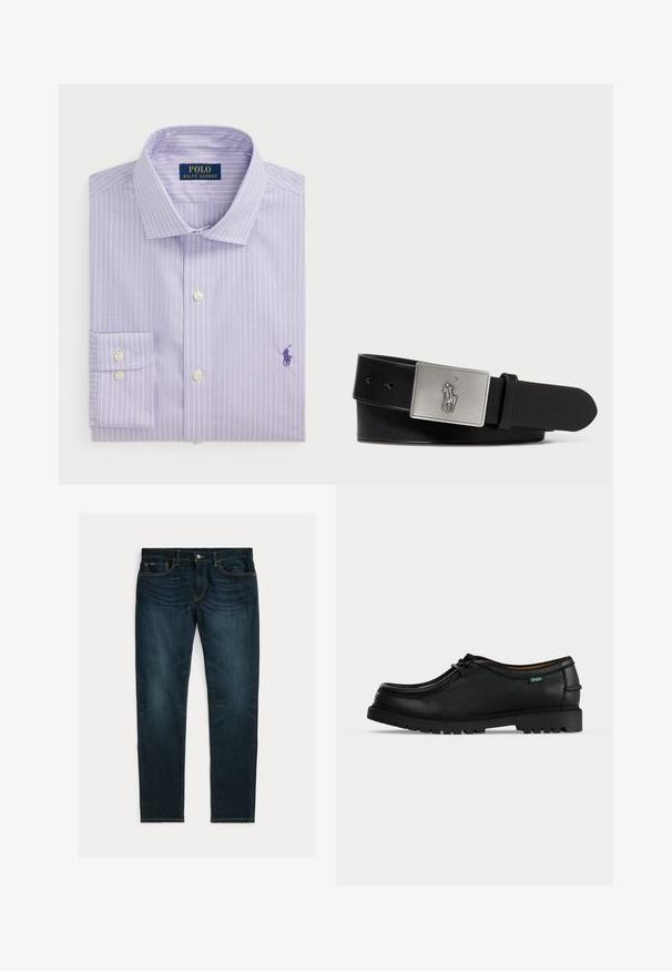 Lys lilla skjorte med hvide lodrette striber, knap-ned krave, enkelt brystlomme, med broderet logo i mørk lilla.; Mørkeblå slim-fit jeans med let falmning og fem-lomme-design, lagt fladt på hvid baggrund.; Sort lædersko med snørebånd og tyk sål med mønster, samt lille grøn Polo-mærkat på siden, vist fra ydersiden på ensfarvet baggrund.; Sort læderbælte med en rektangulær sølvmetalspænde med et præget hestebuddy-logo, glat tekstur og fem hul til spænde.
