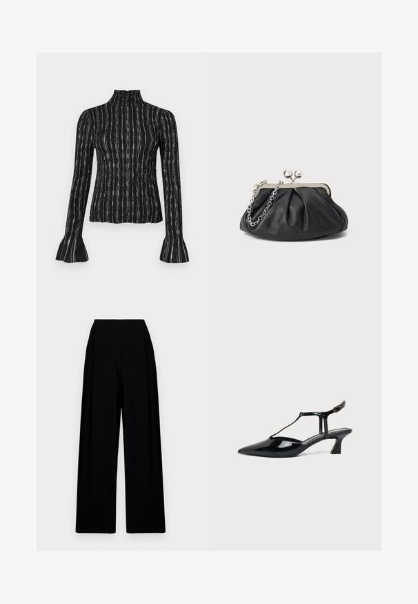 Haut noir à manches longues avec col haut, présentant des rayures verticales et des poignets évasés. Le matériau a une finition texturée avec un léger éclat.; Pantalons noirs à jambes larges avec une taille haute, présentant une texture lisse et des lignes épurées. Aucun fermoir ou motif visible.; Chaussure slingback en cuir verni noir à bout pointu avec bride en T et petit talon bloc incliné sur fond blanc.; Porte-monnaie en cuir noir avec texture froncée, cadre en métal argenté, fermeture à verrouillage kiss-lock et bandoulière en chaîne. Surface lisse et douce.