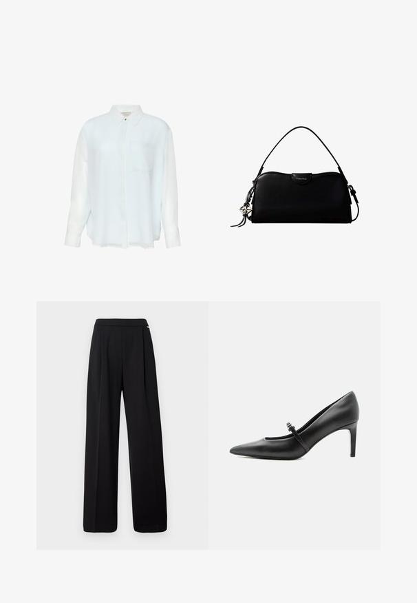Chemise bleu clair à manches longues avec boutons, en tissu lisse et transparent. Comprend un col et une poche poitrine unique. Design décontracté.; Pantalon noir taille haute à jambes larges avec coutures frontales et taille lisse, présenté sur un fond blanc.; Escarpin noir en cuir à bout pointu avec une fine bride et une boucle sur le cou-de-pied, posé sur un fond clair neutre.; Sac à main rectangulaire noir Calvin Klein avec une seule sangle supérieure, un charm logo argenté et une petite fermeture à rabat sur le devant.
