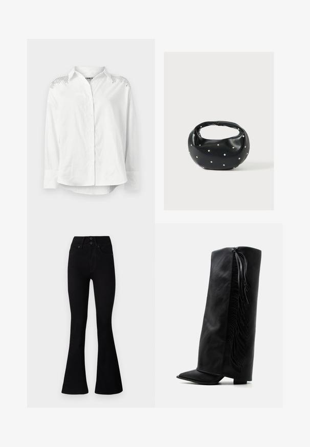 Hvid skjorte med knaplukning, struktureret krave, lange ærmer og dekorative detaljer på skuldrene. Har en afslappet pasform og glat tekstur.; Pepe Jeans FLARE CONTOUR - Flared jeans - black denim; Sort læder knæhøj støvle med spids tå og dekorativ frynse langs ydersiden mod en ensartet hvid baggrund.; Sort læderhåndtaske med en rundet form, dekoreret med sølvnitter, og et kort håndtag. Glat tekstur og lynlåslukning.