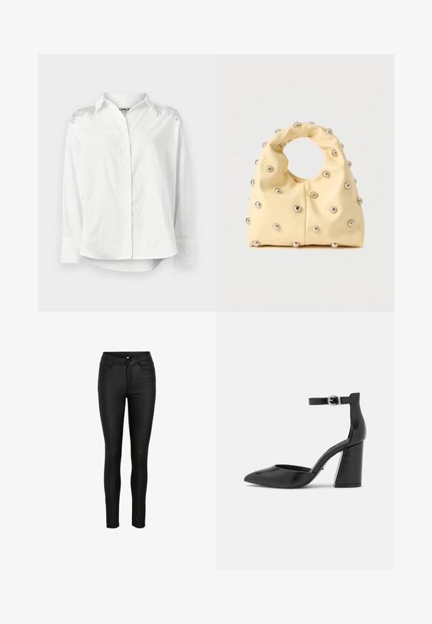 Hvid skjorte med knaplukning, struktureret krave, lange ærmer og dekorative detaljer på skuldrene. Har en afslappet pasform og glat tekstur.; Sorte skinny jeans lavet af strækbart materiale, med høj talje, diskret syning, fem lommer og en glat, blank finish.; ONLY SHOES ONLPAVI - Pumps - black; Blød gul håndtaske med cirkulært håndtag, dekoreret med jævnt fordelte små sølvfarvede metalknopper på en glat overflade.
