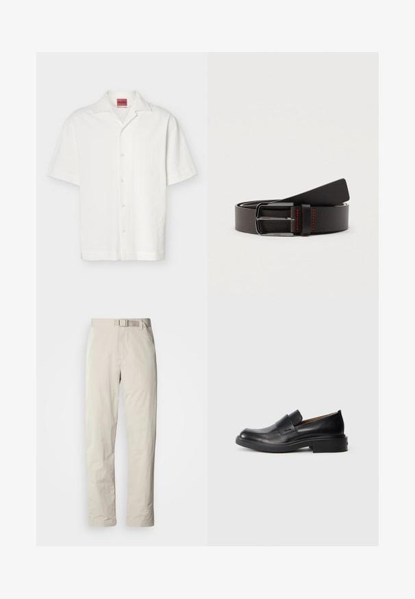 Chemise blanche à manches courtes texturée avec boutons, col camp et étiquette HUGO visible à l'intérieur de l'encolure.; Pantalons beiges au design droit, fabriqués dans un tissu léger. Dotés d'une ceinture intégrée et d'une texture subtile avec une finition élégante.; Chaussure habillée noire en cuir, à enfiler, avec un petit talon et un logo Calvin Klein discret sur le côté, présentée de profil sur un fond blanc.; Ceinture en cuir marron avec une finition texturée, dotée d'une boucle en métal argenté et d'un détail de couture rouge sur le passant.