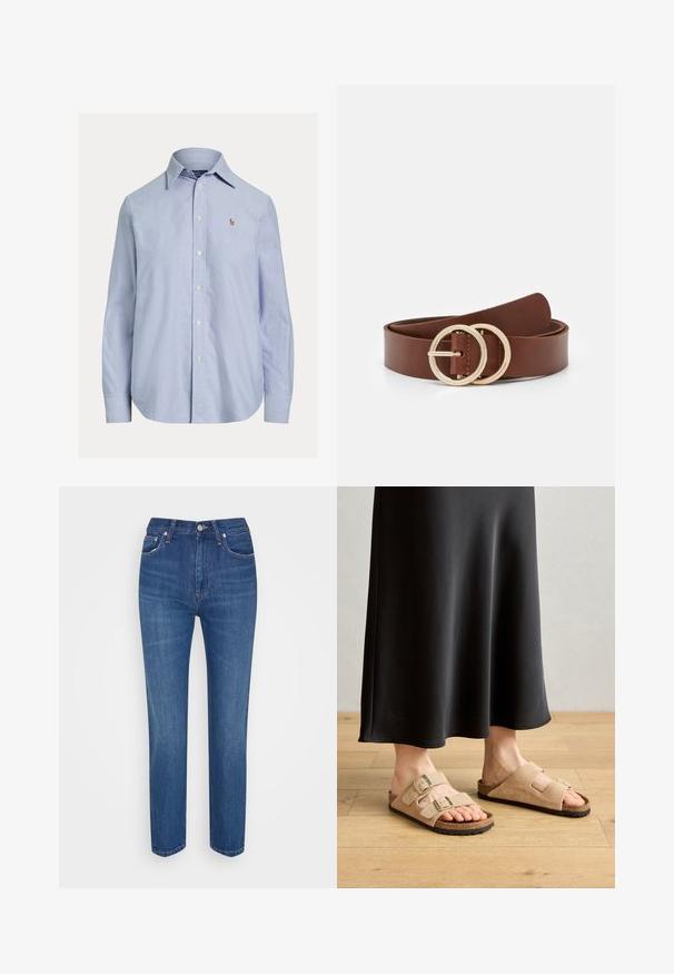 Hellblaues, langärmliges Hemd mit Knopfleiste, spitzem Kragen und kleinem gesticktem Logo auf der linken Brust.; Blaue Jeans aus Denim mit geradem Bein, hoher Taille, fünf Taschen, Metallknopfverschluss und dezenten Verwaschungen im Stoff.; Helle Sandalen aus Wildleder in Beige mit zwei verstellbaren Schnallen, Korkfußbett und Gummisohle, kombiniert mit einem schwarzen bodenlangen Rock.; Brauner Leder-Gürtel mit zwei kreisförmigen goldfarbenen Schnallen, glatter Textur und minimalistischem Design. Länge und Breite variieren.