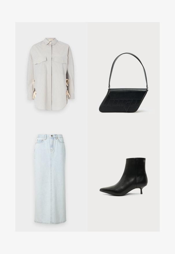 Chemise rayée dans des tons bleu clair et crème, dotée d'un col évasé, de deux poches poitrine avec des boutons dorés, et de liens réglables sur les côtés.; Jupe maxi en denim bleu clair avec un design droit, fermeture à boutons sur le devant et couture visible. Elle comporte deux poches avant.; Bottine en cuir noir avec bout pointu et petit talon kitten sur fond clair, vue côté extérieur.; Sac d'épaule en cuir noir de forme triangulaire, avec un logo embossé et une seule bandoulière réglable. Design minimaliste avec une texture lisse.