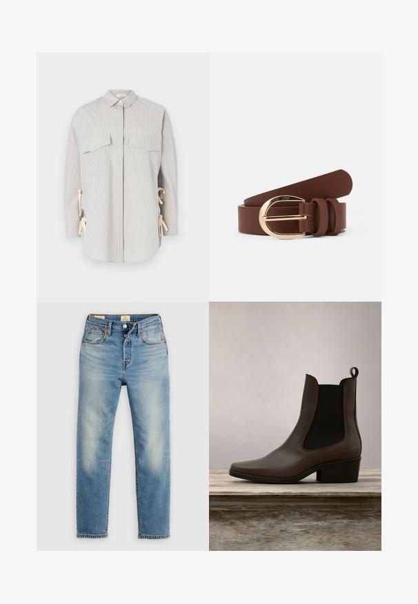 Chemise rayée dans des tons bleu clair et crème, dotée d'un col évasé, de deux poches poitrine avec des boutons dorés, et de liens réglables sur les côtés.; Jean en denim bleu clair avec une coupe droite, des détails délavés, des coutures contrastées, cinq poches et une braguette à boutons.; Botte cheville en cuir marron au design élégant, avec des panneaux latéraux élastiques, un bout pointu et un petit talon, le tout sur un fond vert.; Ceinture en cuir marron avec une boucle dorée brillante et deux passants en cuir. Texture lisse, design plat et extrémités arrondies.