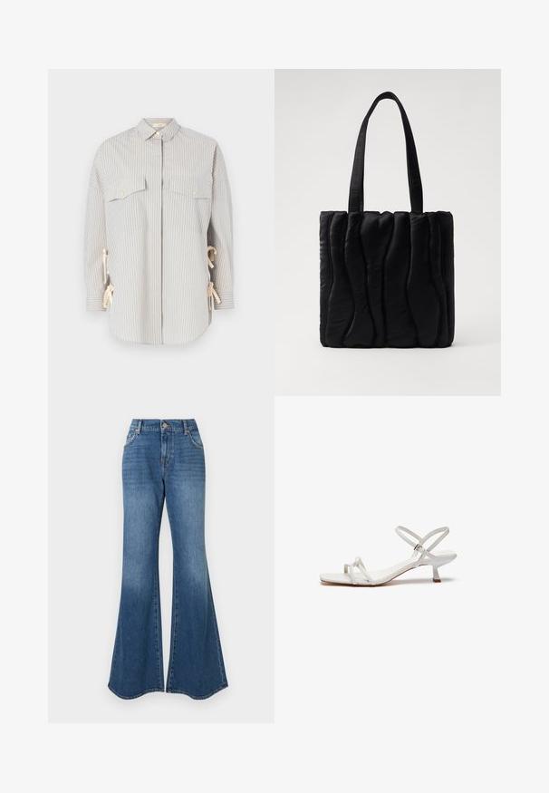 Chemise rayée dans des tons bleu clair et crème, dotée d'un col évasé, de deux poches poitrine avec des boutons dorés, et de liens réglables sur les côtés.; Jean évasé bleu en denim classique, taille haute, avec un dégradé subtil et une ouverture large à la cheville, sans ornements visibles.; Sandalette blanche à lanières avec un petit talon, semelle plate et bride de cheville ajustable. Matériau lisse avec un design simple.; Sac fourre-tout noir en tissu rembourré, avec une texture ondulée, deux poignées robustes et une forme rectangulaire. Design simple et moderne.
