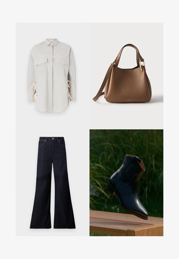 Chemise rayée dans des tons bleu clair et crème, dotée d'un col évasé, de deux poches poitrine avec des boutons dorés, et de liens réglables sur les côtés.; Jean en denim indigo foncé taille haute, coupe large évasée, bouton à l'avant, fermeture éclair et deux poches avant avec rivets en cuivre.; Bottine en cuir noir flottant au-dessus d'une surface en bois, avec un fond flou de gazon vert, mettant en valeur son design épuré et sa languette latérale.; Sac à main Furla en cuir marron texturé avec une poignée courte, une bandoulière amovible et un détail boucle dorée sur un fond clair.