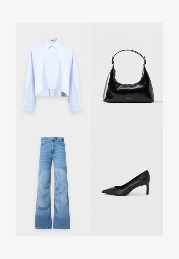 Chemise courte à manches longues bleu clair avec un col classique, une patte de boutonnage cachée et des épaules tombantes sur un fond uni.; Jean bleu clair à jambes larges avec taille haute, bouton à l'avant et poches, présentant un motif floral subtil lavé sur les jambes.; Escarpin à bout pointu en cuir noir avec un talon fin de hauteur moyenne sur un fond gris clair uni.; Sac à main Calvin Klein noir brillant avec fermeture éclair dorée et anse courte sur fond blanc uni.