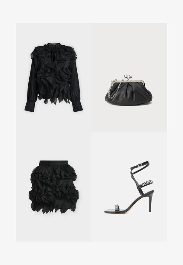 Blouse noire à manches longues avec volants superposés sur le devant et les épaules, encolure goutte d'eau avec lien, et poignets ajustés avec détail brodé.; Jupe noire taille haute en organza superposé et froncé créant un look volumineux et texturé.; Sandale noire à talon haut avec fine bride à la cheville, bride médiane décorée de maillons de chaîne argentés, et design à bout ouvert.; Porte-monnaie en cuir noir avec texture froncée, cadre en métal argenté, fermeture à verrouillage kiss-lock et bandoulière en chaîne. Surface lisse et douce.