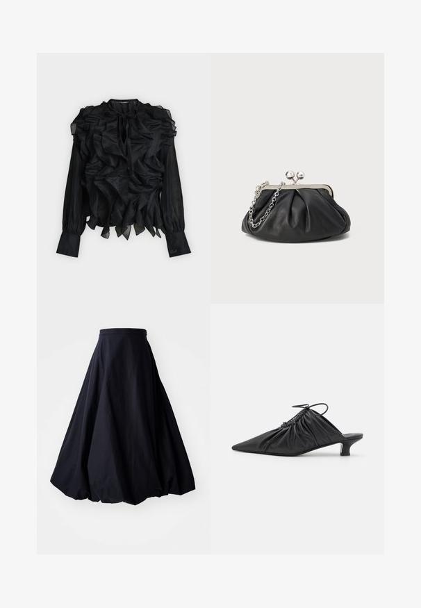 Blouse noire à manches longues avec volants superposés sur le devant et les épaules, encolure goutte d'eau avec lien, et poignets ajustés avec détail brodé.; By Malene Birger AUBREY - Jupe longue - black; Mules noirs en cuir à enfiler avec un bout pointu, une texture froncée et un petit talon aiguille. Présente un détail à cordon au niveau de l'ouverture.; Porte-monnaie en cuir noir avec texture froncée, cadre en métal argenté, fermeture à verrouillage kiss-lock et bandoulière en chaîne. Surface lisse et douce.