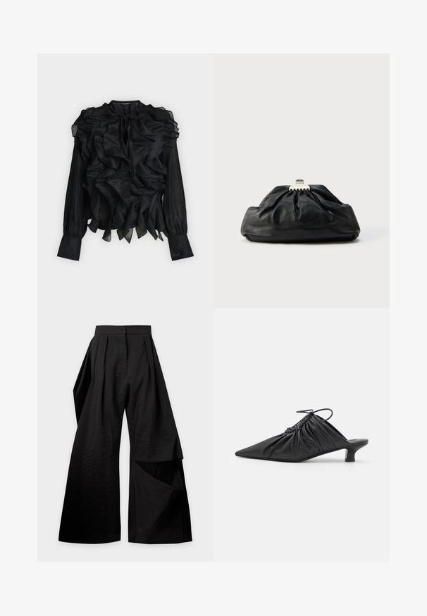 Blouse noire à manches longues avec volants superposés sur le devant et les épaules, encolure goutte d'eau avec lien, et poignets ajustés avec détail brodé.; Pantalon noir à jambes larges avec des plis à la taille et un panneau de tissu superposé sur la jambe droite.; Mules noirs en cuir à enfiler avec un bout pointu, une texture froncée et un petit talon aiguille. Présente un détail à cordon au niveau de l'ouverture.; Pochette en cuir noir avec une texture plissée, fermeture à fermoir métallique, et logo embossé discret sur le devant. Forme arrondie.