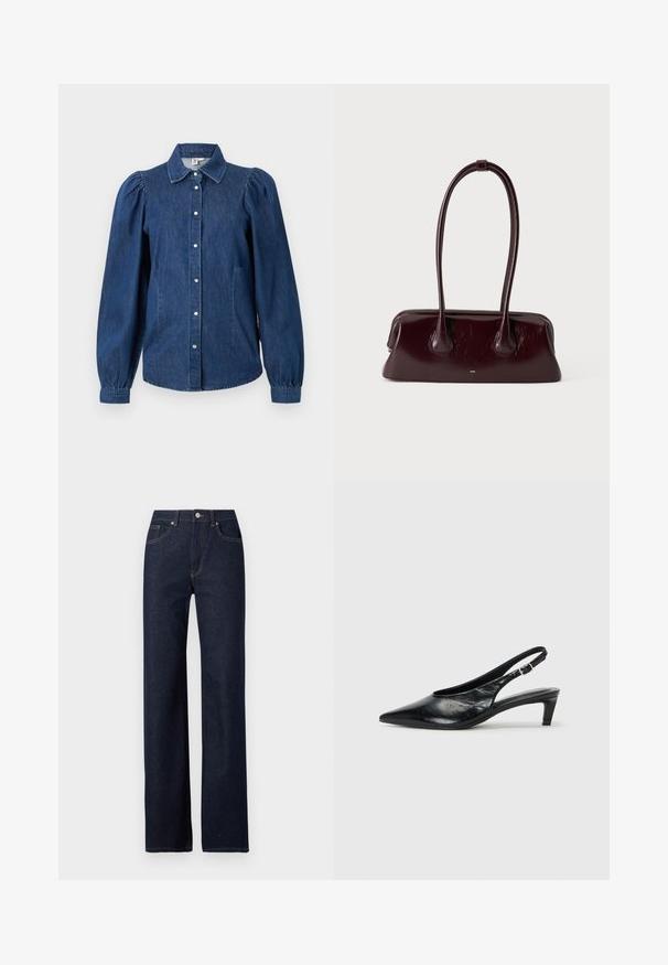 Tume sinine denim särgiga, millel on pikad puhviga varrukad, nööpidega esiosa ja klassikaline krae. Omab kahte küljetaskut ja kergelt kaarduvat hemmi.; Tumedat sinised denim püksid otse lõikega disainiga, klassikalises viies taskus stiilis, nähtava õmblusega ja ees oleva nööpiga sulgemisega.; Must black leather slingback konts, terav varvas, madal kitten konts ja reguleeritav pehme rihm. Sile tekstuur ja minimaalne detailide rohkus.; Tumepruun läikiv nahast käekott pikkade, õhukeste sangade ning struktureeritud ristküliku kujulise põhjaga ühtlase heleda tausta peal.