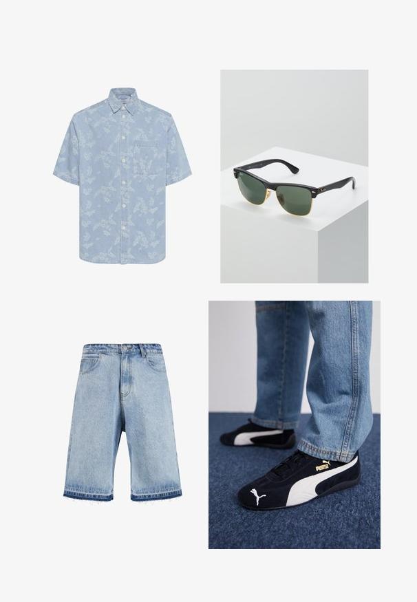 Camisa de manga corta azul claro con patrón floral blanco, cierre de botones en el frente y un bolsillo en el pecho. Hecha de un material similar al denim.; Pantalones cortos de mezclilla azul claro con un dobladillo deshilachado, que cuentan con un diseño clásico de cinco bolsillos y un cierre de botón en la parte delantera. Lavado ligeramente descolorido.; Zapatillas de ante negras con acentos blancos, que presentan un logo dorado. Combinadas con unos jeans de mezclilla azul claro y colocadas sobre una superficie texturizada azul.; Gafas de sol Ray-Ban con lentes verdes, montura de plástico negro y acentos dorados en los bordes. Forma cuadrada con acabado mate.