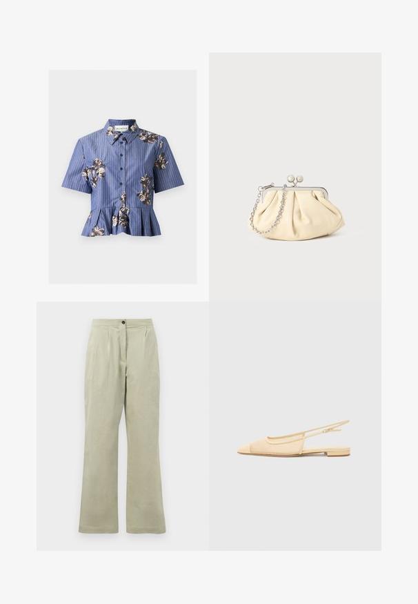 Blue short-sleeve button-up blouse with white pinstripes, floral sequin embroidery, a collar, and a pleated peplum hem.; Light green wide-leg trousers made from soft fabric, featuring a front button closure, pleats, and a clean hemline.; Slingback flat shoe in light beige with a mesh upper, pointed toe, and a low heel. Features an adjustable strap for fit.; Pleated beige leather clutch with a silver metal frame, featuring two round decorative clasps and a silver chain strap.