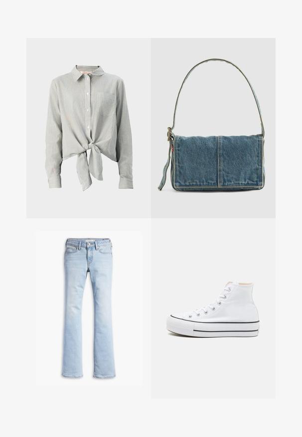Knapp-shirt i grønne og hvide striber, med en sløjfe foran, lange ærmer og en brystlomme. Fremstillet af letvægtsstof.; Lysblå denimjeans med en tætsiddende talje, frontknap og lynlås, front- og baglommer samt let flagrende ben.; Hvide høj-top sneakers lavet af kanvasmateriale, sort gummisål og kontrasterende sort stribe på mellemsålen. Rund tåhætte og snørebåndsdesign.; Denim skuldertaske med fold-over design, lys blå farve, synlige sømme, justerbar rem og en sidelabel-detalje.