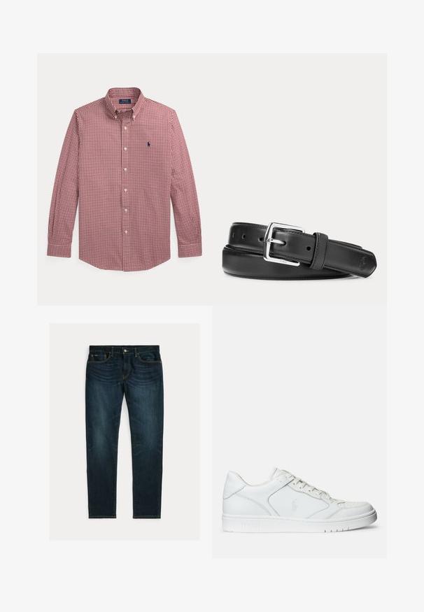 Rood-wit geruit overhem met lange mouwen, knopen, kraag en blauw geborduurd logo op de linkerborst.; Donkerblauwe slim-fit jeans met lichte vervaging en vijfzakkenontwerp, plat gelegd op een witte achtergrond.; Witte leren sneaker met een gladde textuur, voorzien van een geperforeerde neus, vetersluiting en geborduurde logo aan de zijkant. Witte rubberen zool.; Zwarte leren riem met zilverkleurige rechthoekige gesp, opgerold op een witte achtergrond, met een subtiel geperst logo aan de punt.