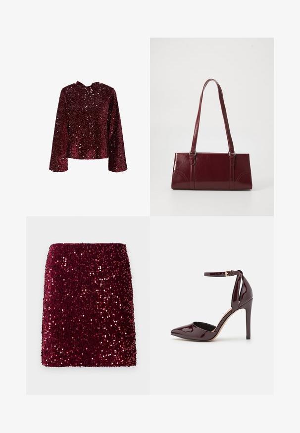 Bordeaux sequin top met lange mouwen, ronde halslijn en een satijnen strikdetail op de rug. Glanzende textuur met overal pailletten.; Bordeaux flonkerende minirok met een getailleerde pasvorm, een gestructureerd oppervlak en een gladde zoom, die het licht weerkaatst voor een glanzend effect.; Bordeauxkleurige lakleren hoge hak schoen met een puntige neus, enkelbandje en een 10 cm hoge stilleto hak. Gladde textuur en minimale details.; Bourgondische handtas van glanzend materiaal, rechthoekige vorm, met twee schouderbanden en subtiele gebogen accenten aan de voorkant.