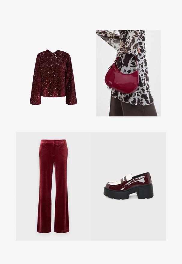 Top en sequins bourgogne avec des manches longues, un col rond et un détail en nœud en satin à l'arrière. Texture brillante avec des sequins sur toute la surface.; Pantalons droits en velours bordeaux avec passants de ceinture et fermeture frontale dissimulée sur fond blanc.; Mocassin à plateforme épaisse en cuir verni bordeaux, avec des accents blancs et une semelle noire épaisse à crampons sur fond gris clair.; Femme portant un chemisier à motif noir et blanc tenant un sac à main rouge brillant sur un fond uni.
