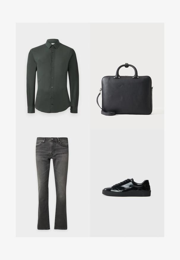 Mørkegrøn langærmet skjorte med klassisk krave, frontlukning med knapper og en glat stofstruktur. Har knapmanchetter og en skræddersyet pasform.; Grå denim jeans med lige ben, lukning med knap og lynlås, for- og baglommer, vist mod en ensfarvet baggrund.; Sorte laklæder sneakers med rund tå, snørredesign, tekstureret gummisål og en glat overflade.; Sort lædermappe med dobbelt håndtag og aftagelig skulderrem på en ensartet lys baggrund.