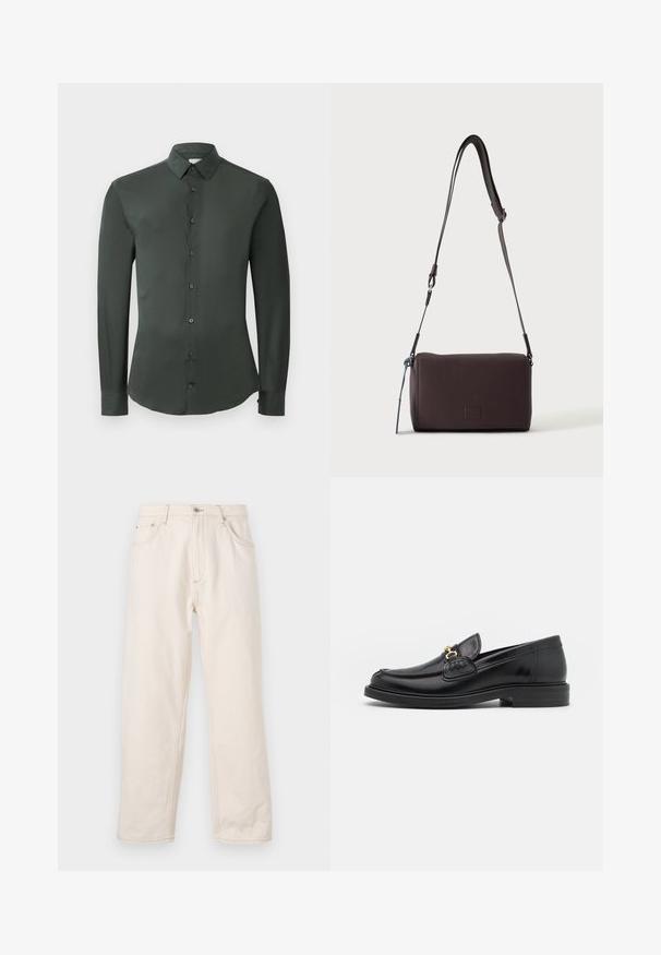 Dunkelgrünes Langarmhemd mit klassischem Kragen, Knopfverschluss vorne und glatter Stoffoberfläche. Mit geknöpften Manschetten und taillierter Passform.; Beige gleich geschnittene Jeans aus Denim, mit Knopfverschluss, fünf Taschen und sichtbaren Nähten. Glatte Textur.; Schwarze Lederleter mit einer abgerundeten Zehenpartie, ausgestattet mit goldenen Hardwareakzenten und Stichdetails, auf einer niedrigen, strukturierten Gummisohle.; Dunkelbraune, strukturierte Leder-Crossbody-Tasche mit verstellbarem Riemen und kleinem dekorativen blauen Akzent an der Seite.