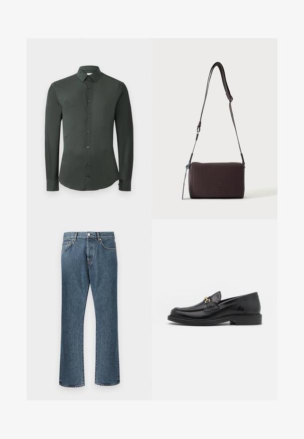 Mørkegrøn langærmet skjorte med klassisk krave, frontlukning med knapper og en glat stofstruktur. Har knapmanchetter og en skræddersyet pasform.; Blå denim jeans med lige ben design, der har en klassisk knap- og lynlås lukning, fem lommer og subtilt slid.; Sorte læder loafers med en rund tå, der har guld hardware accent og syningsdetaljer, placeret på en lav, tekstureret gummisål.; Mørkebrun textured læder crossbody taske med justerbar rem og lille dekorativ blå accent på siden.