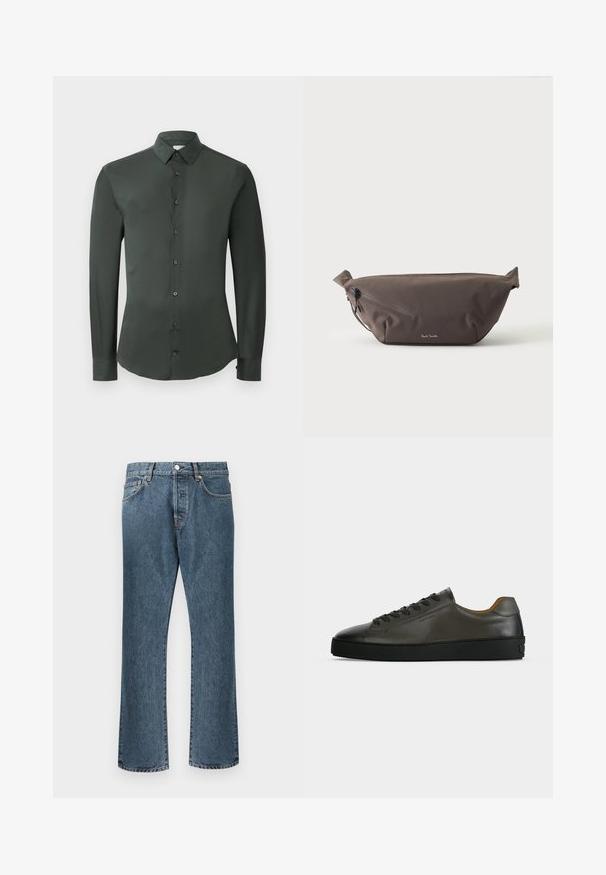Tume roheline pikkade varrukatega särk klassikalise kraega, ees nupuga kinnitamine ja sile kangatekstuur. Omab nööpidega mansette ja kohandatud lõiget.; Sinised denim teksad sirge säärega disainiga, klassikalise nööbi ja lukuga kinnitusega, viie taskuga ja õrna pleekimisega.; Madal tumehall nahast tennisejalats mustade paelte ja tallaga, minimalistlik disain, külgvaade ühtlasel heledal taustal.; Tumepruun kangast vöökott diagonaalse tõmblukuga tasku ja esi küljel oleva väikese valge logoga, heleda ühevärvilise taustaga.