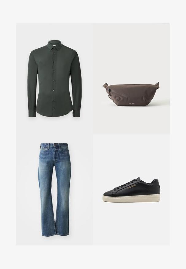 Donkergroene shirt met lange mouwen, klassieke kraag, frontsluiting met knopen en een gladde stofstructuur. Voorzien van knoopmanchetten en een getailleerde pasvorm.; Denim jeans in een licht tot gemiddeld blauwe kleur, met een recht gesneden pijp, klassiek vijf-pocket ontwerp en subtiele vervaging aan de voorkant.; Zwarte leren sneaker met een gladde afwerking, contrasterende crèmekleurige zool, ronde neus, gouden logo aan de zijkant en zes gaatjes voor veters.; Donkerbruine stoffen heuptas met diagonale ritssluiting en klein wit logo aan de voorkant, tegen een effen lichte achtergrond.