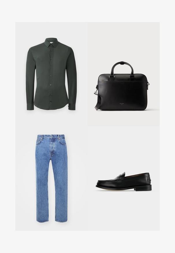 Dunkelgrünes Langarmhemd mit klassischem Kragen, Knopfverschluss vorne und glatter Stoffoberfläche. Mit geknöpften Manschetten und taillierter Passform.; Won Hundred STEVE - Jeans Relaxed Fit - cut blue; Schwarzer Leder-Herrenschuh (Loafer) mit niedrigem Absatz und Mokassin-artiger Naht am Zehenbereich, seitlich auf einfarbigem Hintergrund dargestellt.; Schwarze Lederaktentasche mit doppelten Griffen, abnehmbarem Schulterriemen und kleinem Logo-Schriftzug vorne, vor einem schlichten hellen Hintergrund.