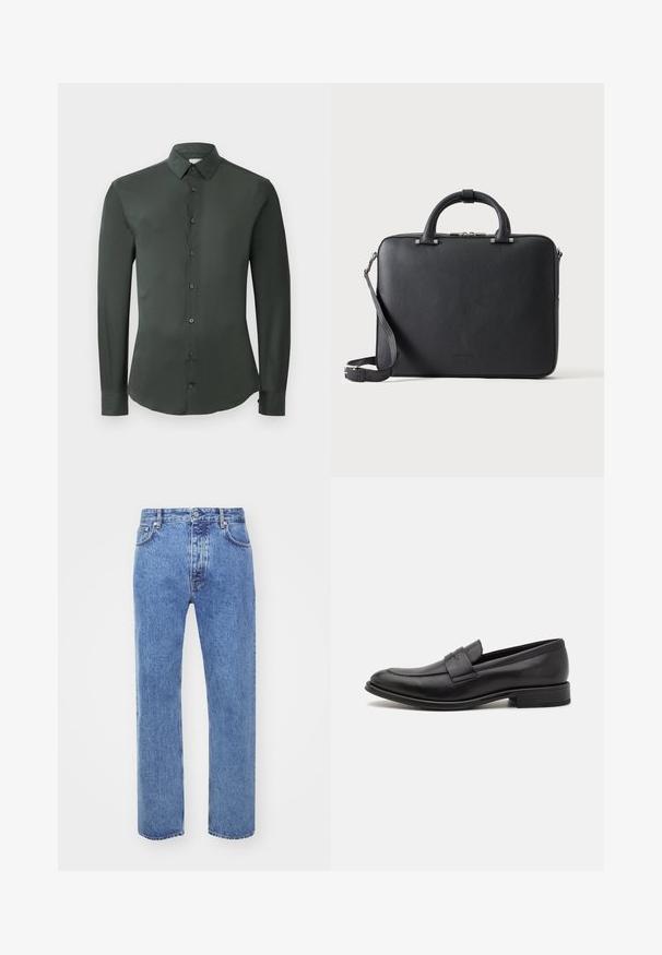 Donkergroene shirt met lange mouwen, klassieke kraag, frontsluiting met knopen en een gladde stofstructuur. Voorzien van knoopmanchetten en een getailleerde pasvorm.; Won Hundred STEVE - Relaxed fit jeans - cut blue; Zwarte leren loafers met een gladde afwerking, een decoratieve band over de bovenkant, een ronde neus en een lage gestapelde hak.; Zwarte gestructureerde leren aktetas met dubbele handvatten, afneembare schouderriem en bovenste ritssluiting op een effen lichte achtergrond.