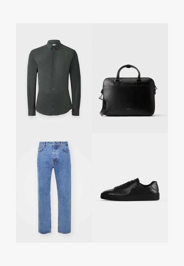Donkergroene shirt met lange mouwen, klassieke kraag, frontsluiting met knopen en een gladde stofstructuur. Voorzien van knoopmanchetten en een getailleerde pasvorm.; Won Hundred STEVE - Relaxed fit jeans - cut blue; Zwart leren sneaker met lage schacht, veters aan de voorkant en een getextureerde platte zool, zijaanzicht op een neutrale achtergrond.; Zwarte leren aktetas met dubbele handvatten, afneembare schouderriem en kleine logotekst aan de voorkant, tegen een effen lichte achtergrond.