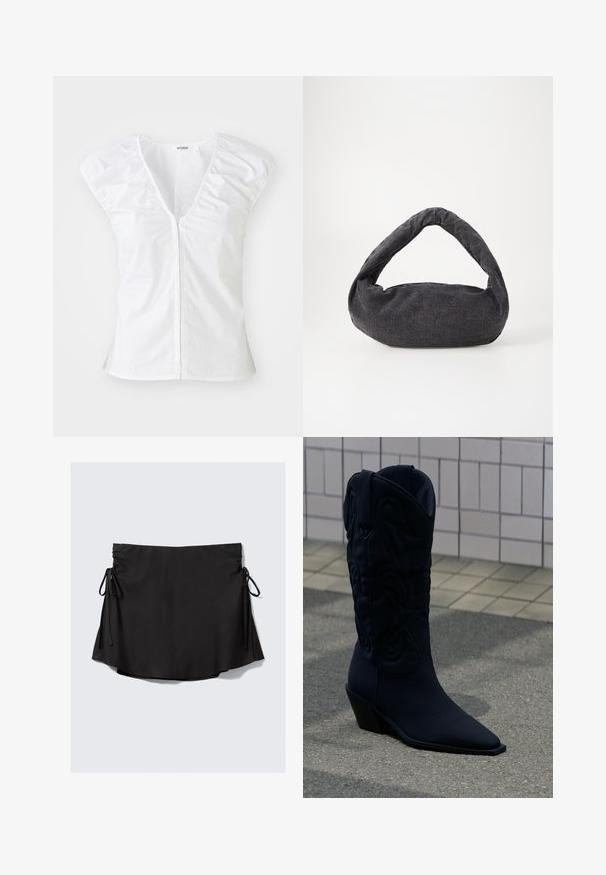 Haut blanc à manches courtes avec un décolleté en V profond, des détails froncés aux épaules et une couture centrale. Fabriqué en tissu lisse avec une silhouette ajustée.; Jupe en tissu noir à la texture douce, dotée de liens ajustables de chaque côté et d'un ourlet incurvé. Design simple et moderne.; Botte de cowboy noire avec couture décorative et talon incliné sur un trottoir gris près d'un mur carrelé en arrière-plan.; Sac en tissu gris foncé avec une anse courbée, texture douce et forme arrondie. Pas de matériel ou d'embellissements visibles.