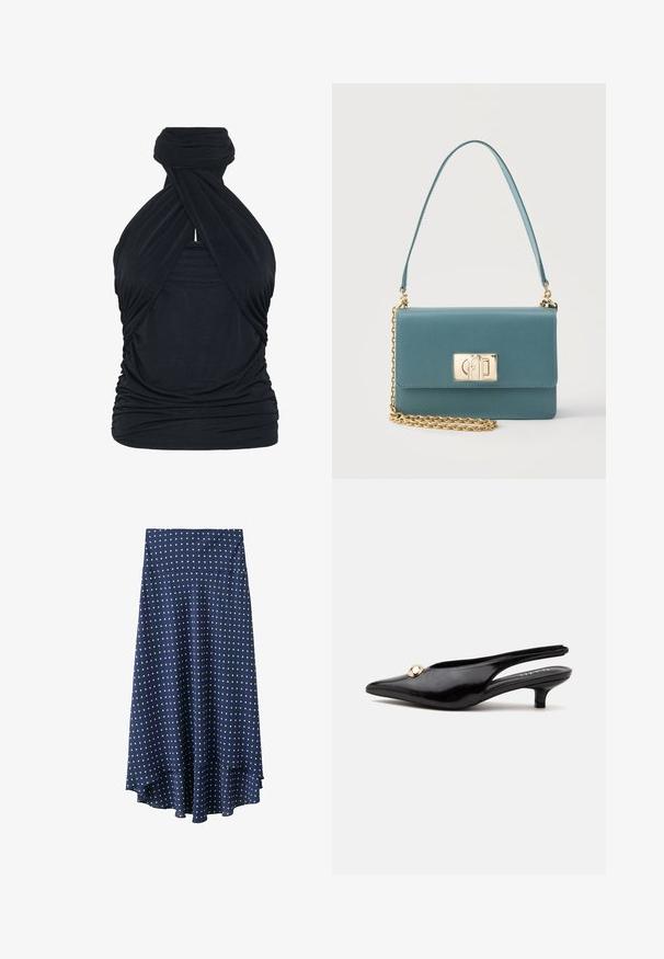 Sort halterneck top lavet af blødt stof, med snoet design, rynket detalje ved taljen og en høj halsudskæring med looped finish.; Mørkeblå midi-nederdel med hvide polkaprikker, høj talje og asymmetrisk kant.; Sort laklæderslingback med lille hæl, spids tå og en lille rund guldbesætning på toppen.; Skuldertaske i teal læder med gyldent rektangulært spænde og aftagelig gylden kæderem på en ensfarvet lys baggrund.