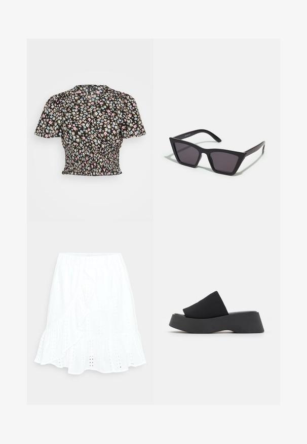 Mustmustriidega must lilleline pluus lühikeste puffvarrukatega, siniste, roosade ja valgete lilledega, gatherdatud vöökoht ja peene tekstuuriga kangas.; ONLY Petite ONLDONNA SHORT SKIRT - Miniseelik - offwhite; Call it Spring VENISE B.E.D FOAM - Kontsaga tagant lahtised kingad - black; Mustad mustrakellad, millel on hallid šabloonid; valmistatud plastist, paksude ja siledate kätega, ilma nähtava riistvarata.