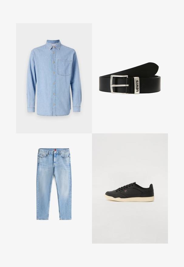 Helles blaues Denimhemd mit Button-Down-Kragen, langen Ärmeln und einer einzelnen Brusttasche. Mit braunen Knopf-Details und kontrastierenden Nähten.; Helleblaue, lässig geschnittene Jeans mit fünf Taschen, Knopfverschluss und dezenter Waschung, auf einem weißen Hintergrund flach ausgelegt.; Schwarze Leder-Sneaker mit niedrigem Schnitt und einer cremefarbenen Gummisohle, ausgestattet mit einer strukturierten Oberfläche und schwarzen Schnürsenkeln. Logo-Akzent in der Nähe der Zunge.; Schwarzer Leder Gürtel mit einer silbernen Metallschnalle, die ein Markenlogo zeigt. Das Design ist einfach mit einer glatten Textur und geraden, spitz zulaufenden Enden.