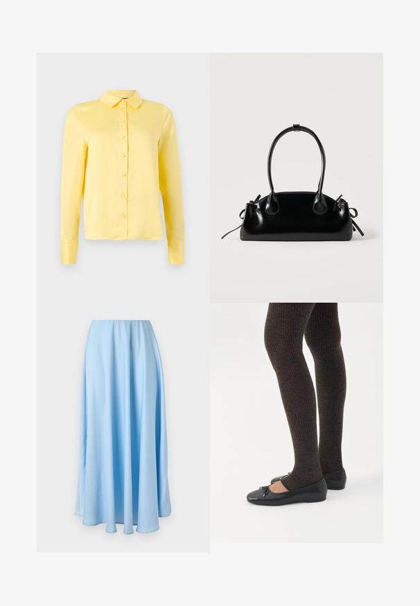 Blouse jaune à manches longues avec col, fermeture à boutons sur le devant et texture lisse. Design simple sans motifs ni accents.; Jupe bleu clair longue jusqu'au sol, taille haute, avec de doux plis et une texture de tissu fluide et lisse.; Jambes portant des leggings côtelés foncés associés à des ballerines noires avec de petits détails en nœud sur fond blanc.; Petit sac à main noir brillant avec deux longues anses et des détails à cordon sur les côtés sur un fond clair uni.