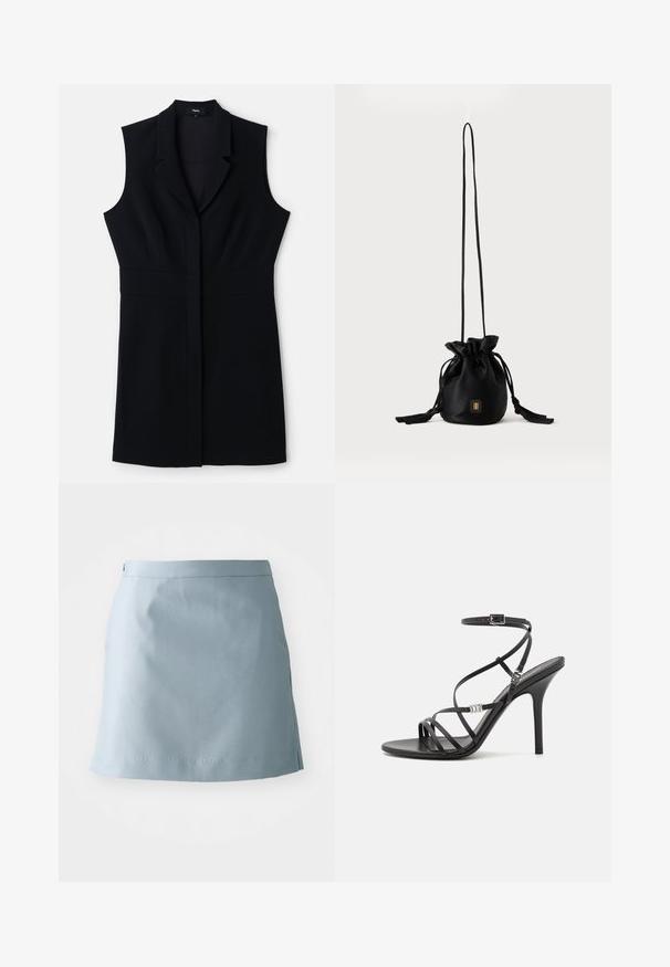 Robe blazer sans manches noire avec une coupe ajustée, dotée d'un col cranté et d'une fermeture frontale unique. Tissu lisse et design minimaliste.; Jupe bleu clair en tissu lisse, à coupe droite, avec une taille fine et des détails de couture minimaux à l'ourlet.; Sandale noire à talons hauts avec des brides fines, une boucle à la cheville, une surface en cuir lisse et un talon aiguille élancé.; Sac seau noir à cordon avec une longue sangle fine et un petit logo carré doré sur le devant, présenté sur un fond uni.