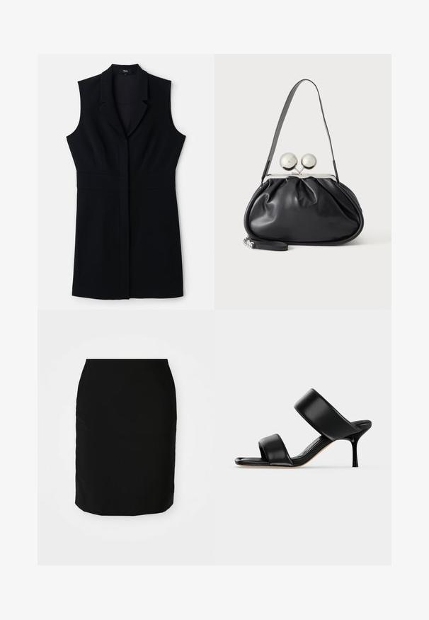 Robe blazer sans manches noire avec une coupe ajustée, dotée d'un col cranté et d'une fermeture frontale unique. Tissu lisse et design minimaliste.; Jupe crayon noire avec une texture lisse, de forme droite, et un ourlet à hauteur des genoux. Aucun motif ni détail matériel visible.; Sandale mule en cuir noir avec deux larges brides et un talon stiletto fin de hauteur moyenne sur un fond clair uni.; Sac à main en cuir noir avec un design plissé, une sangle unique, un cadre métallique argenté et deux grandes fermoirs ronds en argent.