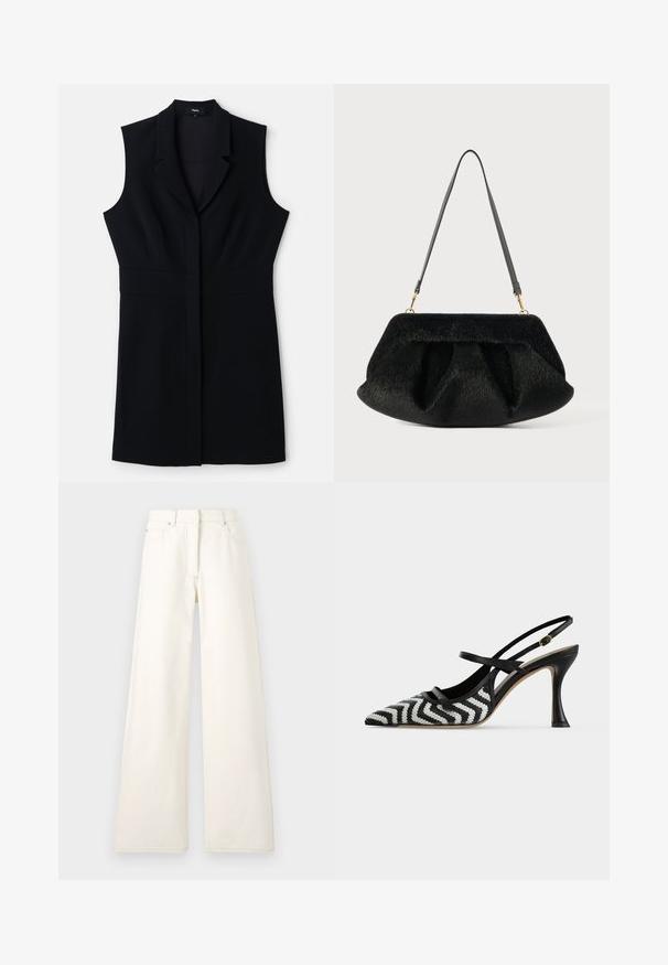 Robe blazer sans manches noire avec une coupe ajustée, dotée d'un col cranté et d'une fermeture frontale unique. Tissu lisse et design minimaliste.; Pantalons larges de couleur crème en denim avec des coutures visibles et des poches. Le design présente une taille haute et une coupe droite.; Escarpin à talon haut à bout pointu avec bride arrière, motif zigzag noir et blanc, fines lanières et boucle dorée sur fond blanc.; Sac à main noir texturé avec une finition en fausse fourrure douce. Présente un design froncé, un fond plat et une sangle en cuir mince et réglable. Accents en matériel doré.