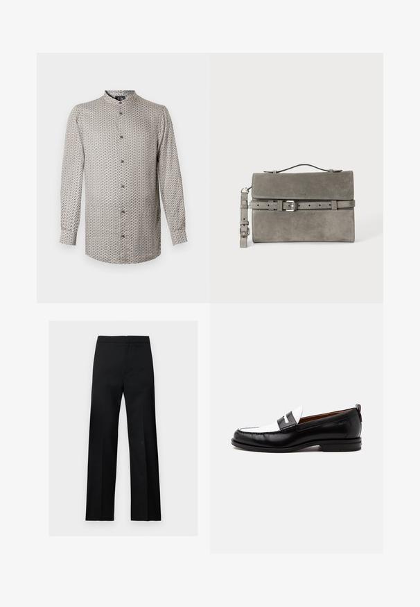 Chemise à manches longues dans un motif géométrique beige et noir, dotée d'un col montant et d'une fermeture à boutons, fabriquée dans un tissu léger.; Pantalon formel noir à jambes droites, taille haute, au design épuré et minimaliste, présenté sur un fond clair uni.; Mocassin en cuir noir et blanc avec des détails cousus, un petit talon et un design slip-on, présenté de profil sur un fond uni.; Pochette rectangulaire en daim gris avec poignée supérieure, bandoulière détachable et détail de ceinture à boucle argentée sur le rabat avant.