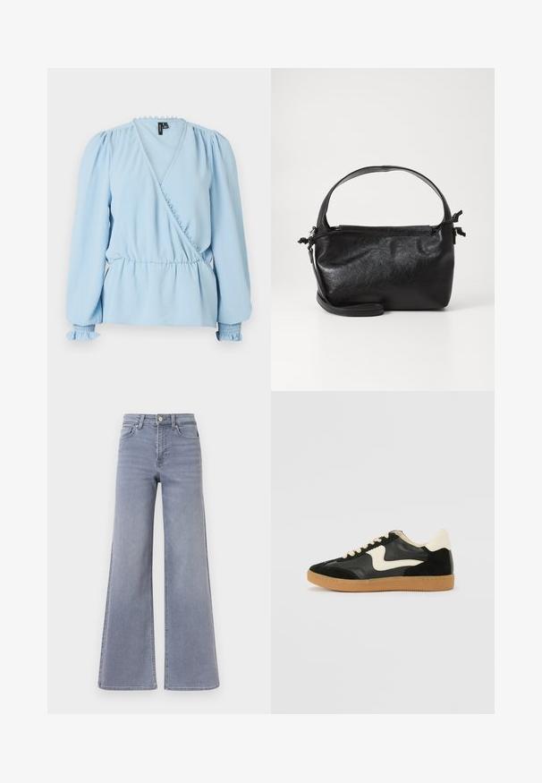 Blouse portefeuille bleu clair avec manches longues bouffantes, col à volants et taille froncée. Comprend des poignets smockés et un tissu doux et texturé.; Jean en denim bleu clair, taille haute, jambes larges, avec fermeture à boutons et fermeture éclair à l'avant, poches avant et arrière, présenté sur fond blanc.; Baskets en daim et cuir noir avec un swoosh latéral crème et un talon crème clair. Dotées de lacets beige et d'une semelle en caoutchouc gomme.; Sac à main en cuir noir au design structuré, avec une poignée arrondie et une bandoulière amovible. Présente une texture lisse et un éclat subtil.