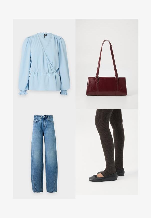 Blouse portefeuille bleu clair avec manches longues bouffantes, col à volants et taille froncée. Comprend des poignets smockés et un tissu doux et texturé.; Jean en denim bleu taille haute avec jambes larges, fermeture devant par bouton et zip, poches avant et arrière, présenté sur un fond uni.; Jambes portant des leggings côtelés foncés associés à des ballerines noires avec de petits détails en nœud sur fond blanc.; Sac à main bordeaux en matériau brillant, de forme rectangulaire, avec deux anses et des accents légèrement courbés à l'avant.