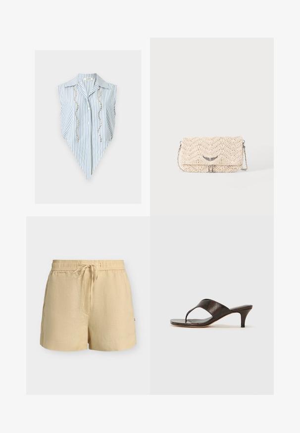 Blouse sans manches rayée verticalement bleu et blanc avec ourlet pointu, col, boutonnière devant et deux rangées verticales de perles argentées.; Shorts en lin beige avec taille élastique et cordon de serrage à l'avant, avec poches latérales et coupe décontractée.; Sandales à talons en simili cuir serpent marron avec un design en tongs et un bout carré. Le talon mesure environ 5 cm de hauteur, avec une finition lisse.; Pochette tissée beige avec rabat, bandoulière chaîne en métal et petite décoration argentée en forme d'aile à l'avant.