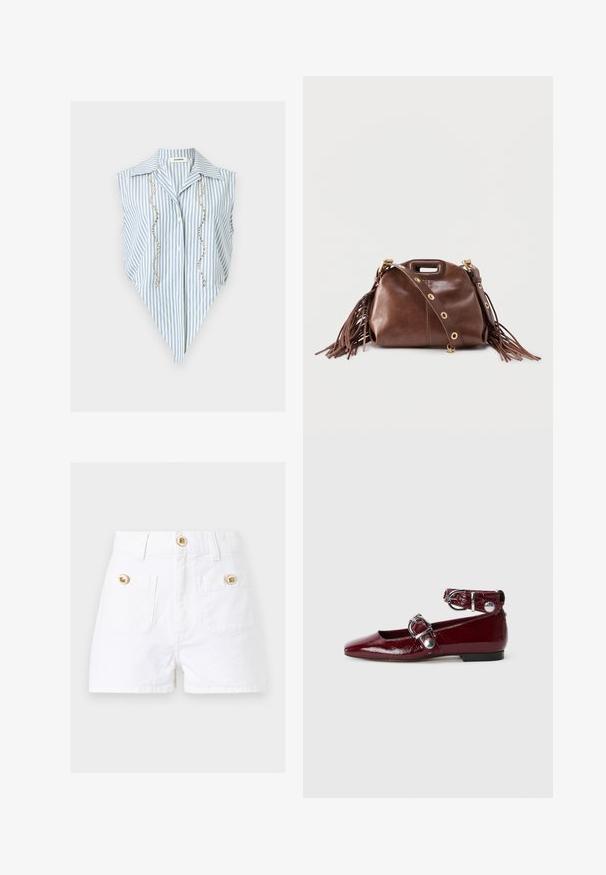 Blouse sans manches rayée verticalement bleu et blanc avec ourlet pointu, col, boutonnière devant et deux rangées verticales de perles argentées.; Short blanc taille haute avec deux poches avant, chacune sécurisée par un bouton doré, et un bouton doré à la taille.; Ballerines en cuir verni bordeaux avec un bout pointu, une bride de cheville avec une boucle en argent et un petit talon. Texture lisse sur l'ensemble.; Sac à main en cuir marron avec des franges, des œillets dorés sur la bandoulière amovible et une poignée découpée sur un fond uni.