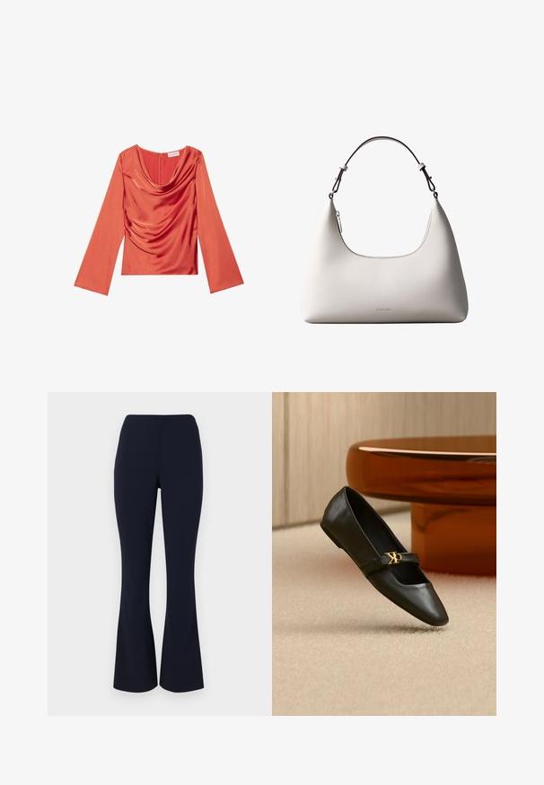 Haut en satin rouge avec de longues manches évasées et un décolleté drapé. Présente un léger ruché sur un côté et une fermeture éclair au dos.; Pantalons évasés bleu marine en tissu lisse, avec taille haute et léger stretch pour le confort. Aucun élément en métal ni motifs visibles.; Chaussure plate en cuir noir avec bout pointu et logo CK doré sur la bride, posée sur un tapis beige près d'une table ronde couleur ambre brun.; Sac à bandoulière en cuir couleur crème de Calvin Klein avec bord supérieur incurvé, fermeture éclair argentée et sangle ajustable brun foncé.